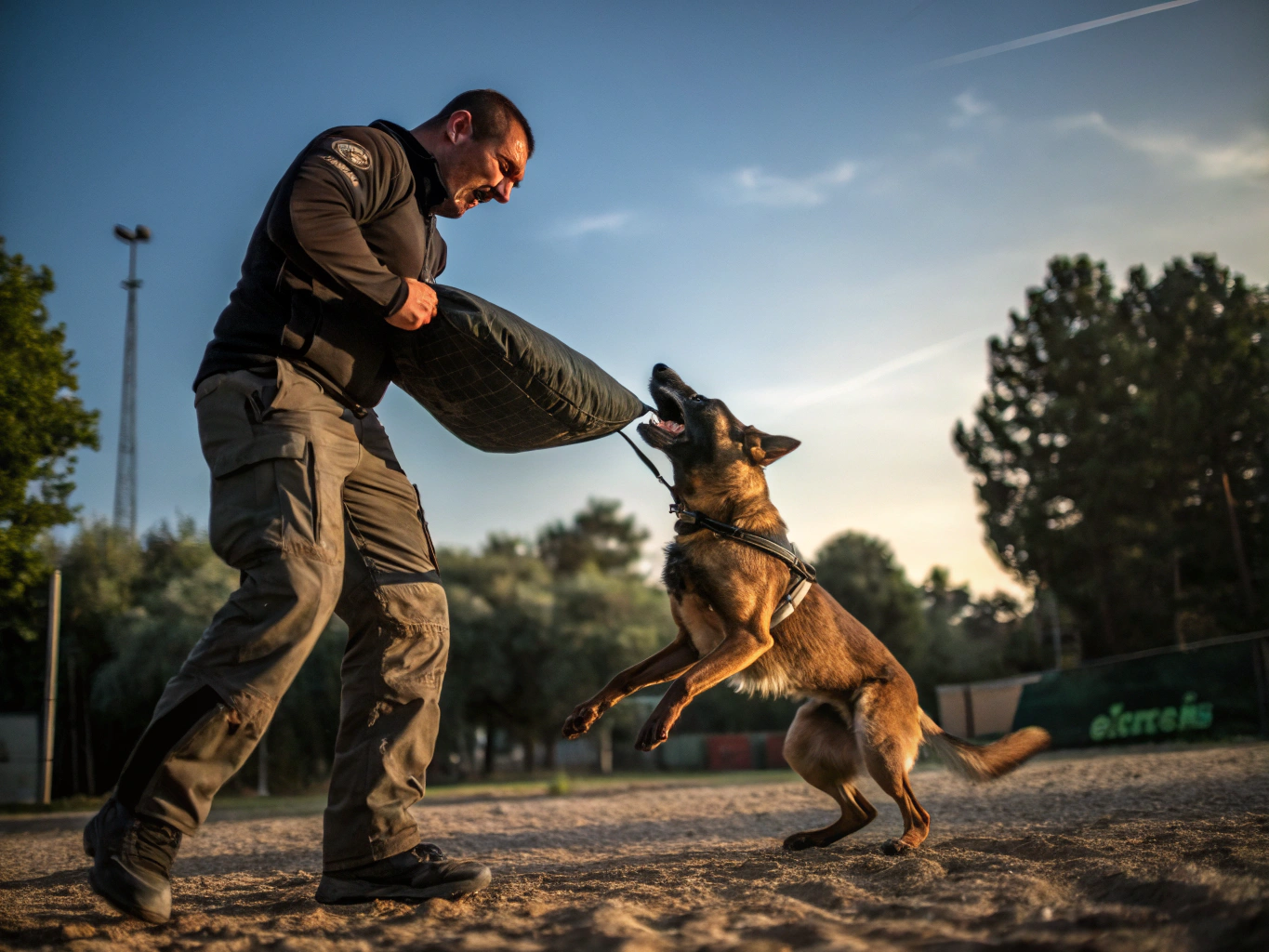 Decoy in full tactical bite suit catching working dog in mid-stride