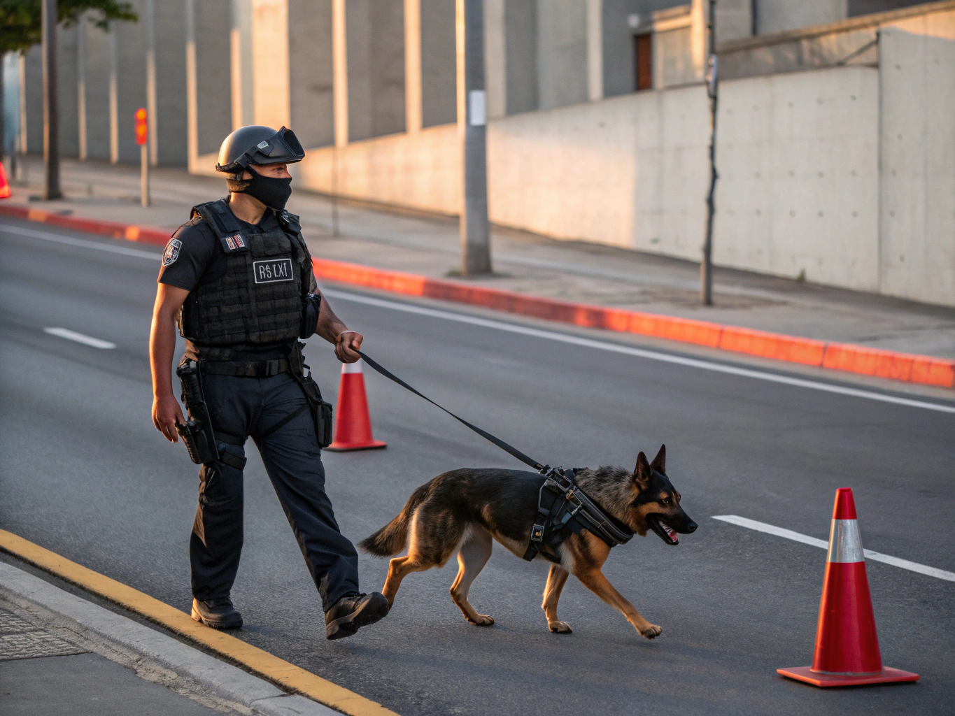 K9 handler in tactical gear advancing alongside working dog